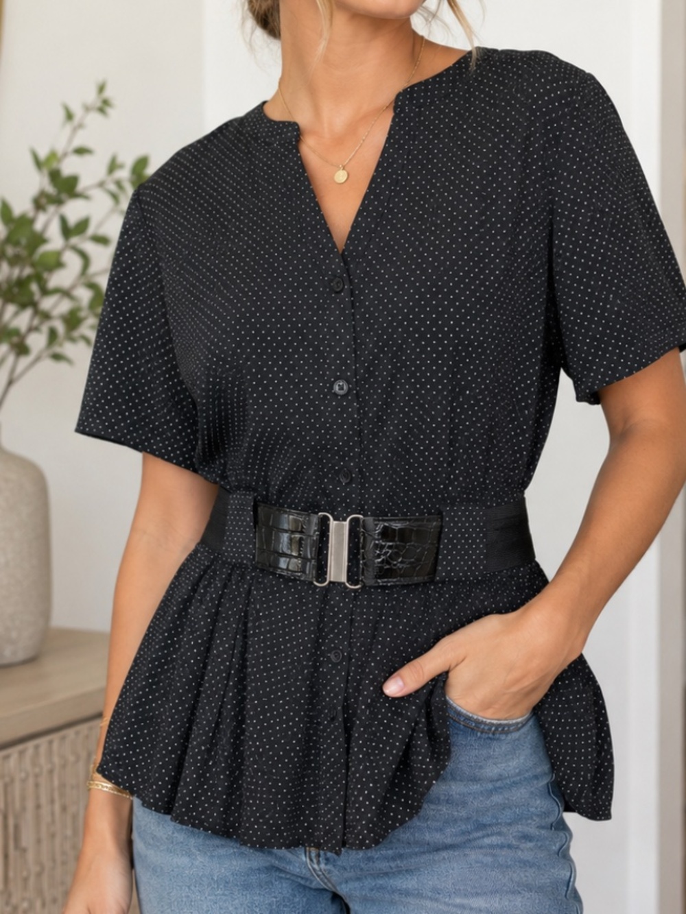 Giorgio Sant'Angelo Black Polka Dot Blouse Peplum Short Sleeve Belted Top XL